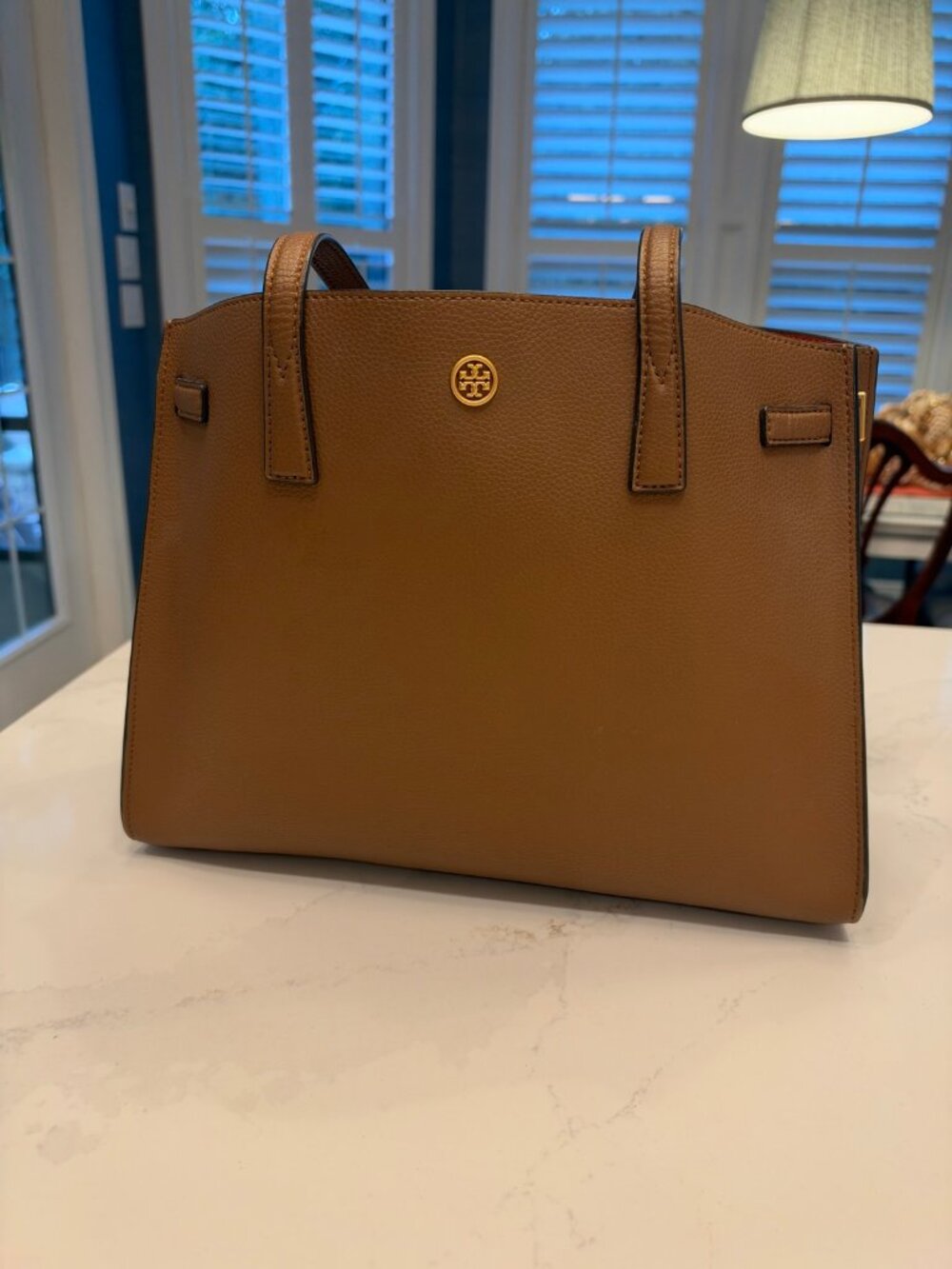 Tory Burch Tan Pebbled Leather Tote Bag — Gold Logo, Orange Interior